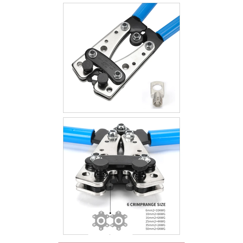 Puristuspihdit 6-50mm² liukumattomilla kahvoilla ja säädettävällä kiertomekanismilla