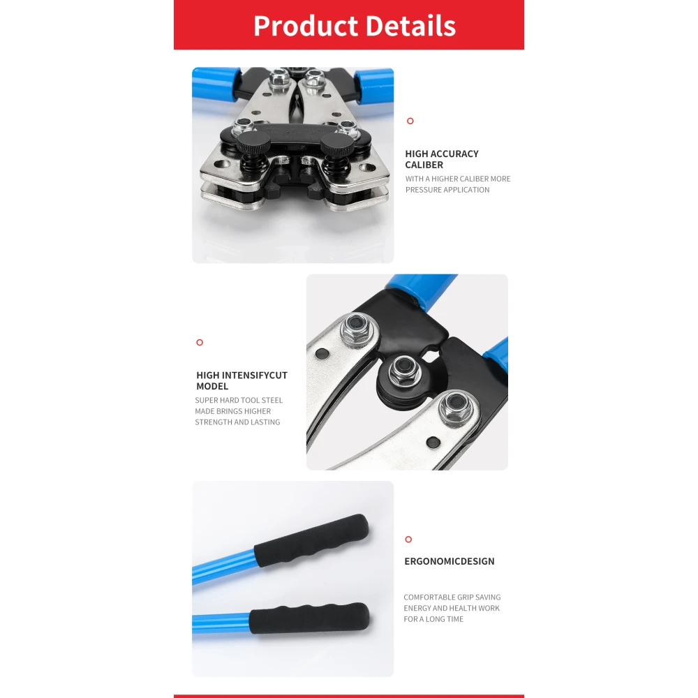 Puristuspihdit 6-50mm² liukumattomilla kahvoilla ja säädettävällä kiertomekanismilla