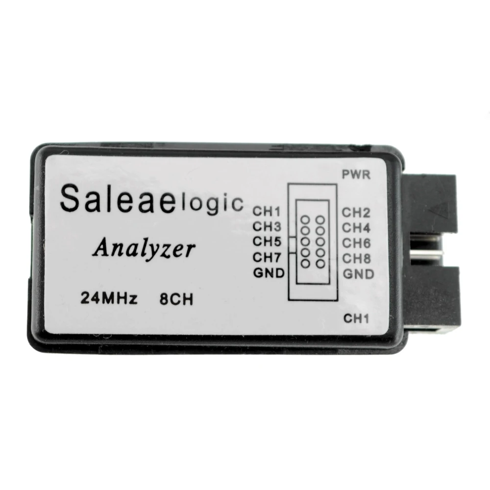 Vista frontal del analizador logico 24MHz 8 canales compatible Saleae con conexiones USB y canales visibles
