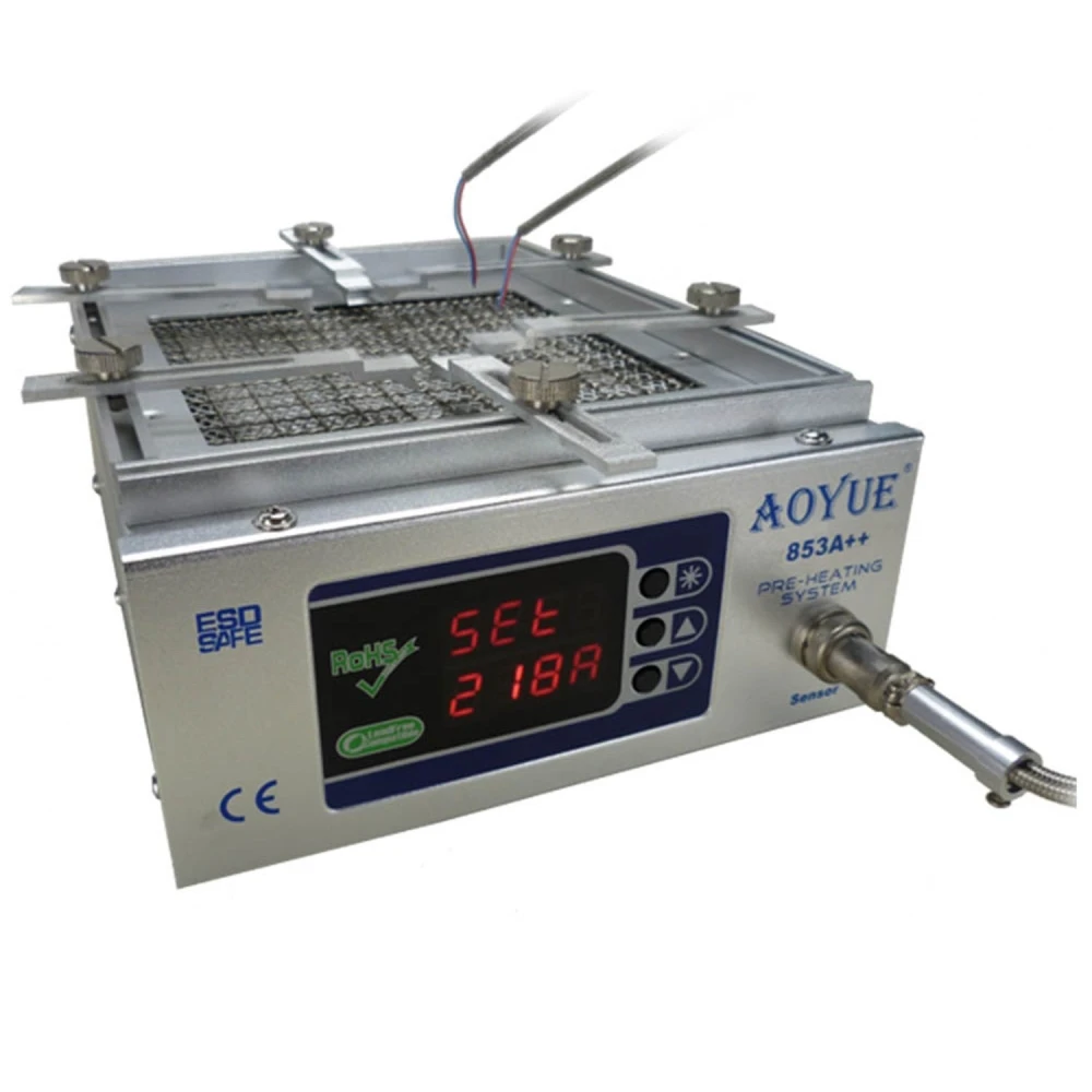 Aoyue 853a++ esilämmityslaite digitaalisella ohjauksella ja säädettävällä tuella