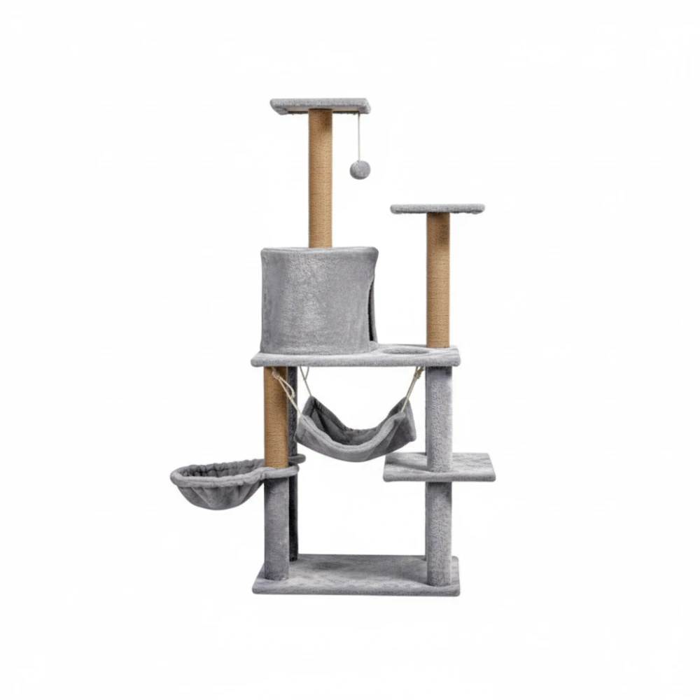 Kissan raapimispuu 125 cm, riippumatto, luola ja sisalpylväät