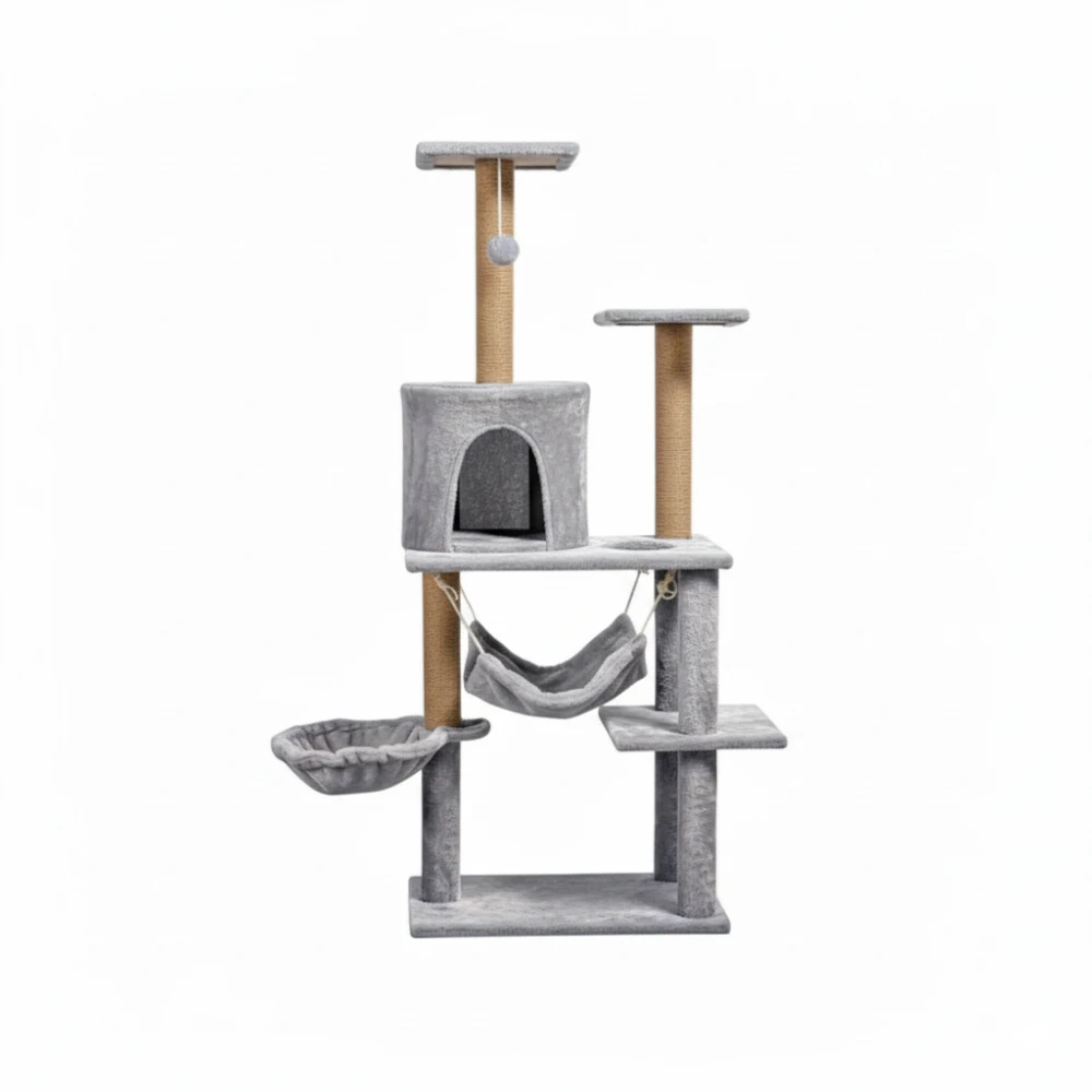 Kissan raapimispuu 125 cm, riippumatto, luola ja sisalpylväät