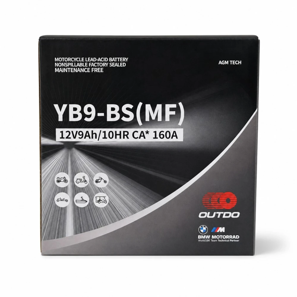 Moottoripyörän akku AGM 12V 9Ah OUTDO YB9-BS(MF) - Yhteensopiva Yuasa YB9-B / GS GM9Z-3B-1 / GS YB9-B / 12N9-4B-1 (flooded)