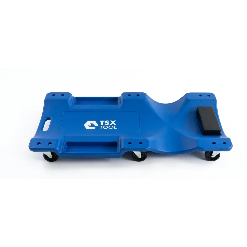 Camilla para taller mecánico con ruedas vista lateral con reposacabezas acolchado