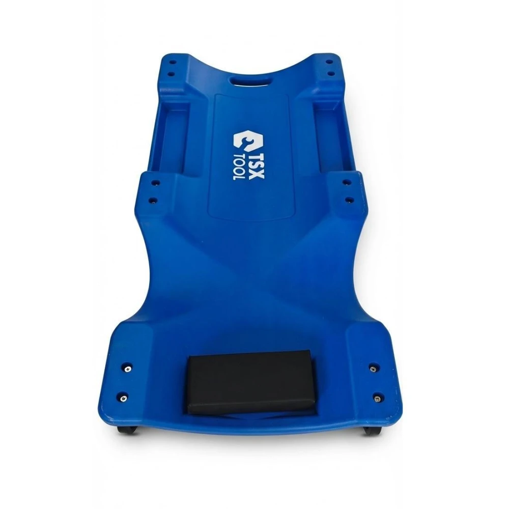 Camilla para taller mecánico con ruedas vista frontal mostrando estabilidad y asa para transporte