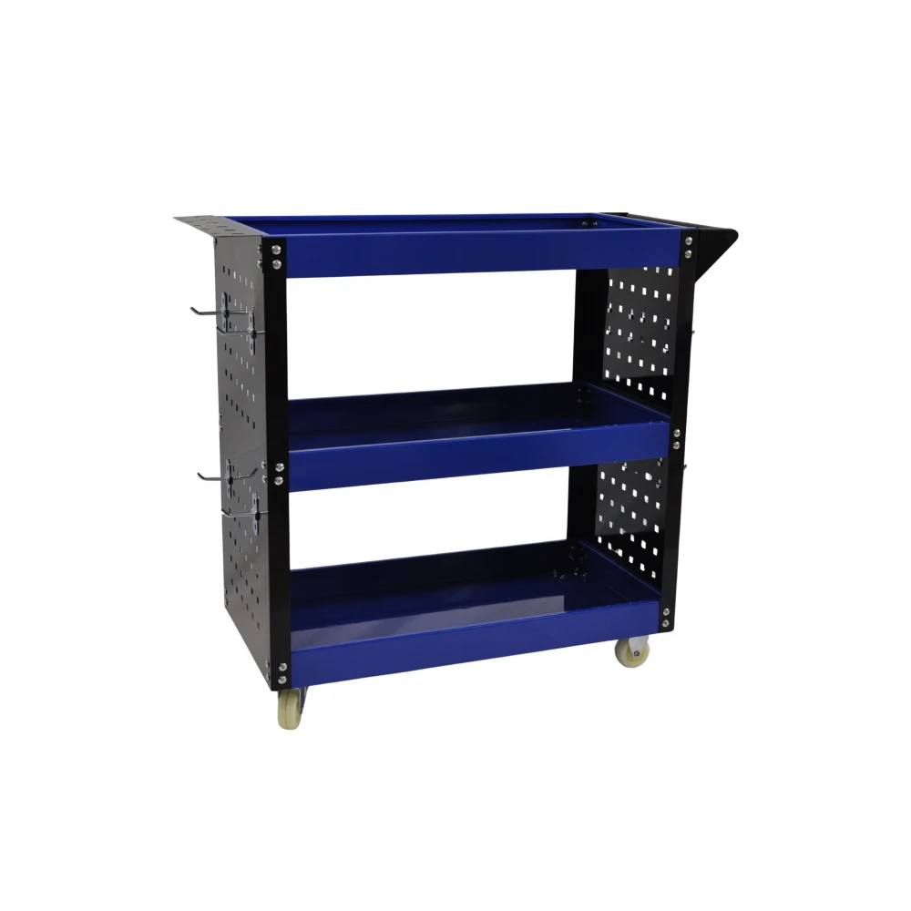 Ammattimainen 3-hyllyinen työkalukärry sivutasoilla ja koukuilla työpajan järjestämiseen