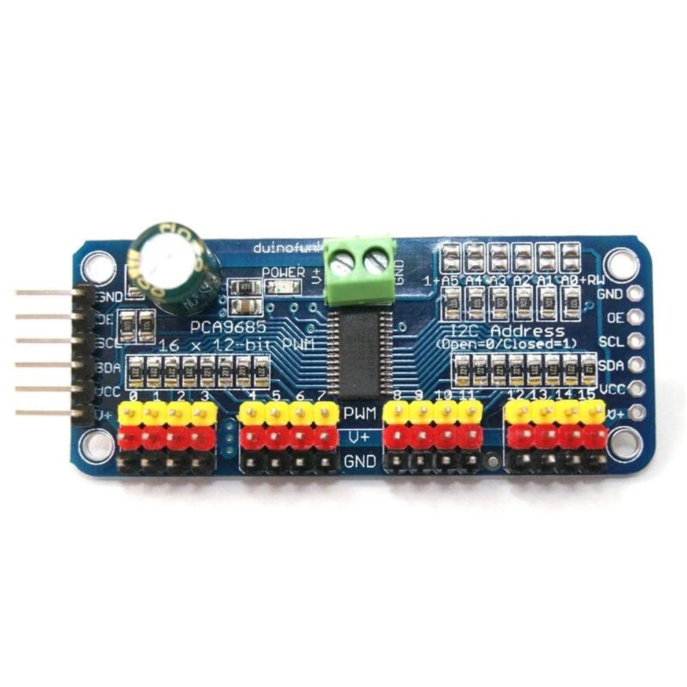 PCA9685 16-kanavainen 12 bit PWM I2C servokontrolleri Arduino-yhteensopiva