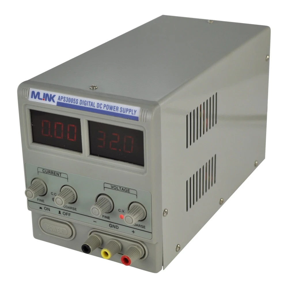 Detalle del display digital LED de la fuente Mlink APS3005S