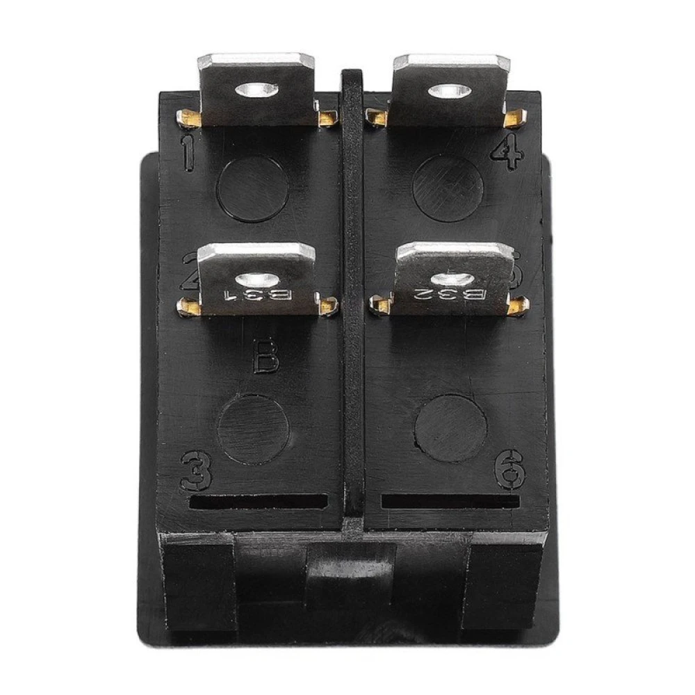 Detalle de los terminales macho del interruptor basculante KCD4-202N con neon