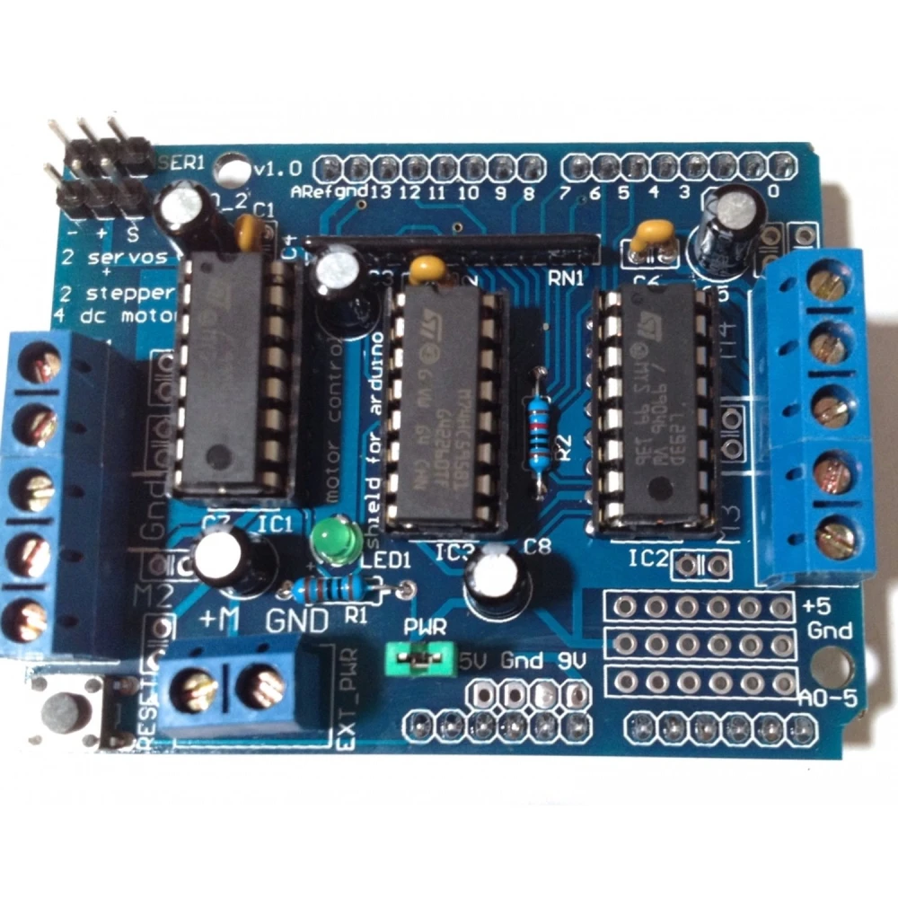 L293d Arduino Shield -ajuri DC- ja stepper-moottorien ohjaukseen