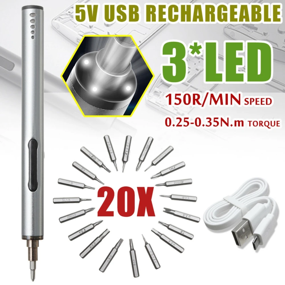 Mini sähköruuvimeisseli langaton USB ladattava 3 LED 22in1 setti