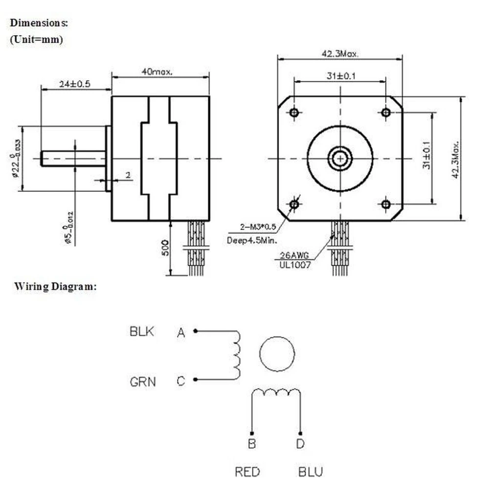 Vista lateral del pack de 5 motores Nema 17 para proyectos 3D