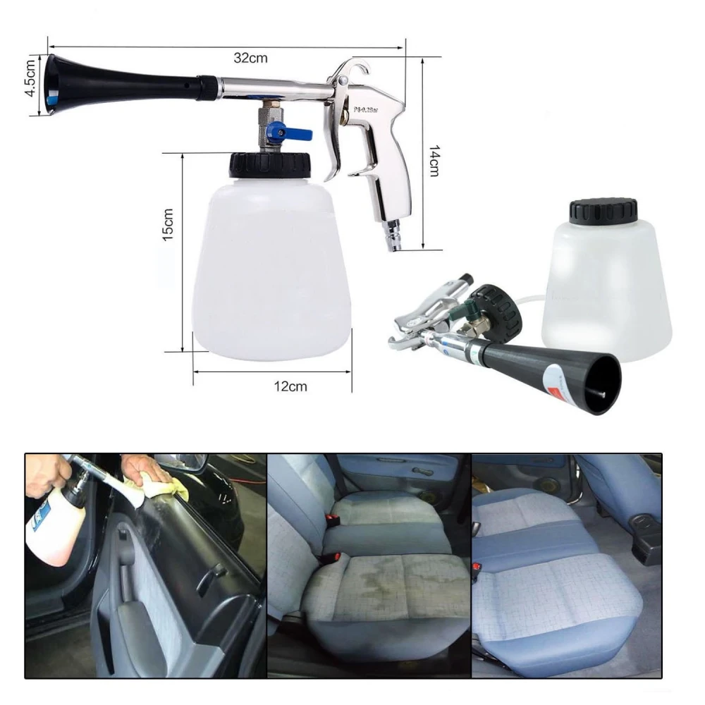 Detalle de pistola aire comprimido tipo tornador TSX TOOL con depósito de 1 litro