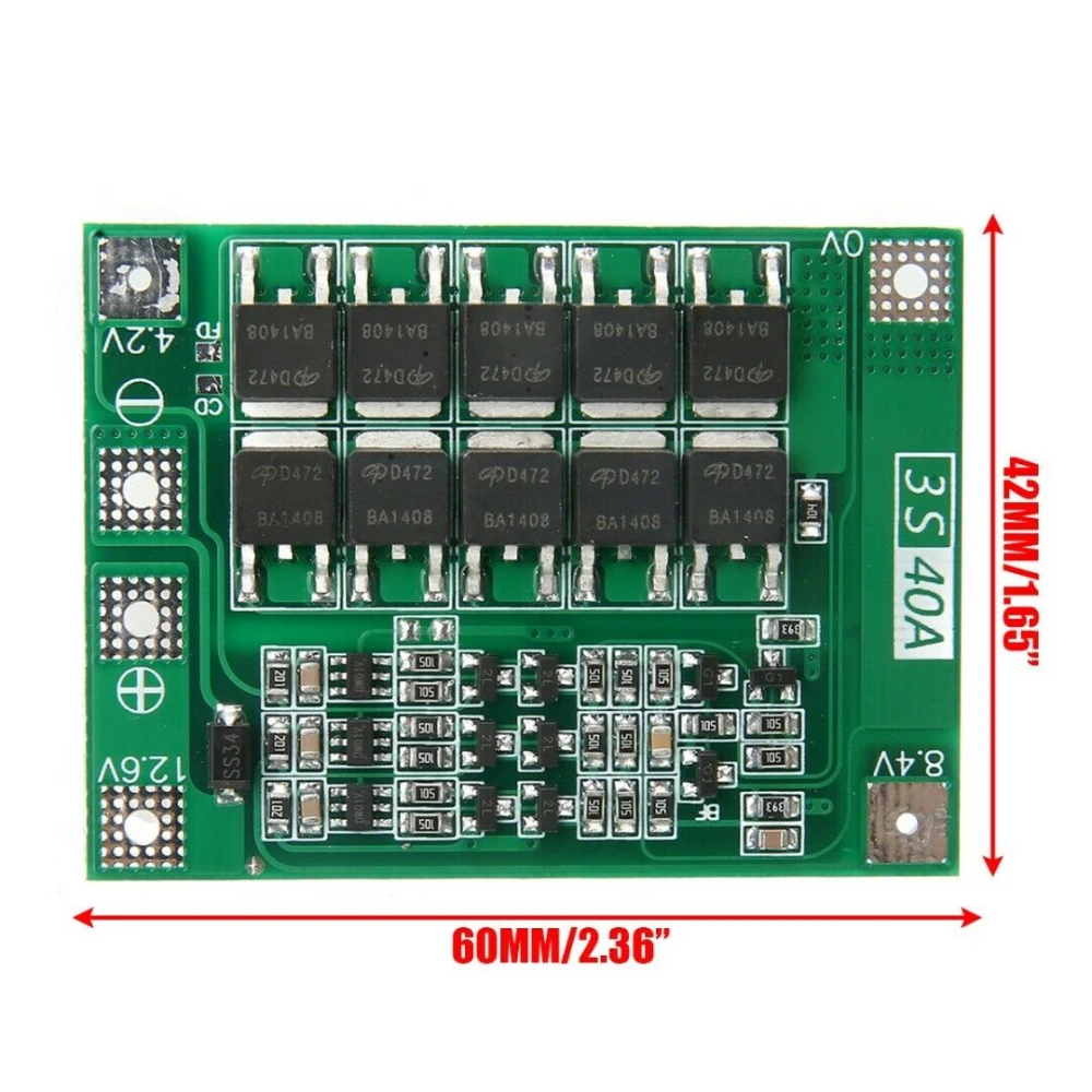 Vista frontal de la placa de protección PCB 3S 40A para batería de litio