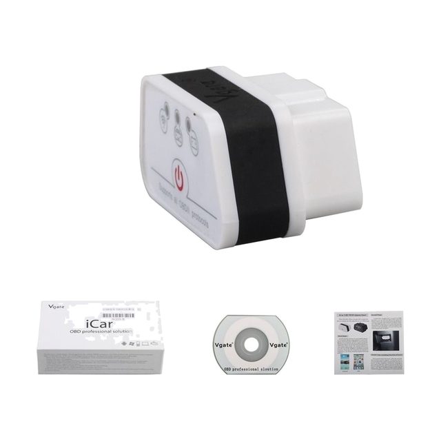Vgate iCar2 WiFi pakkauksineen, CD-levyineen ja käyttöohjeineen